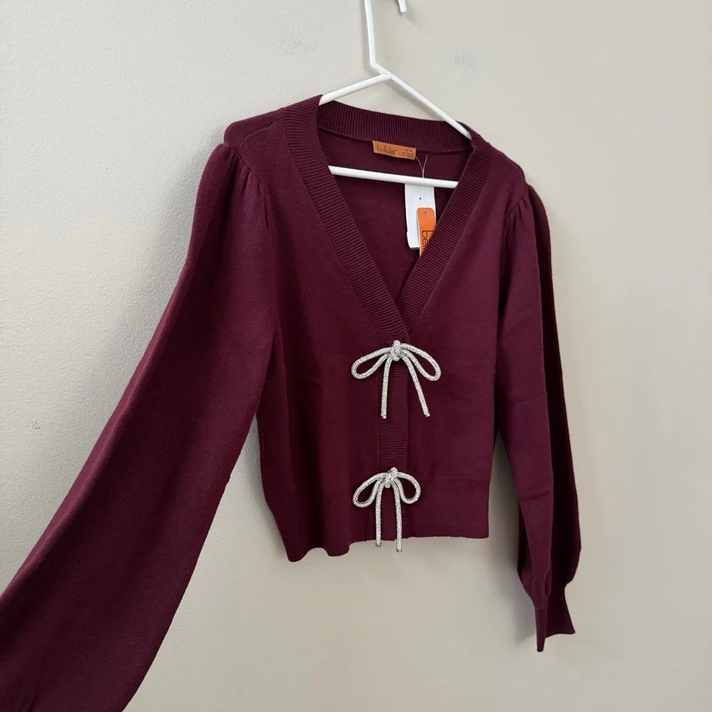 Belldini Balloon Sleeve Burgundy Cardigan Sweater with Rhinestone Bows, Sz M